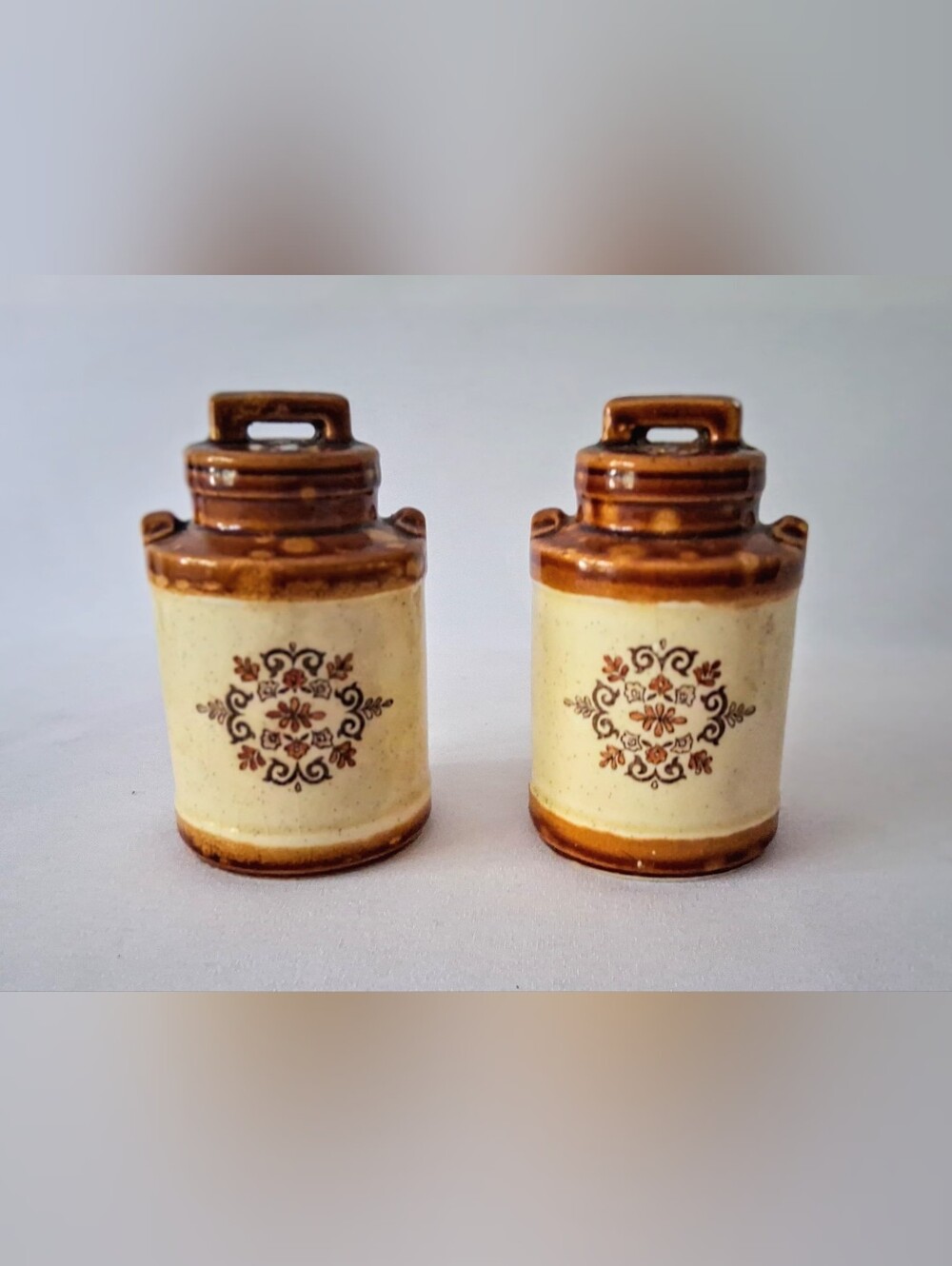 Mid Century Japan - Painted/Glazed Salt & Pepper - "Milk Can Crocks"
